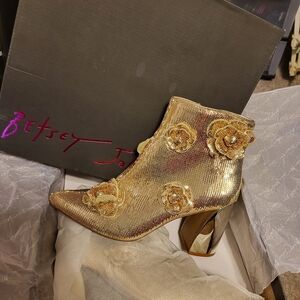 Betsey Johnson Shimmering Gold Ankle Boots with Floral Details